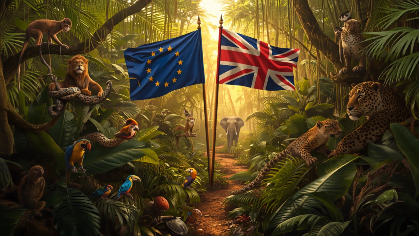 Jungle animals gathered around an EU flag and a Union Jack on an overgrown path, illustrating the complexity of European product compliance