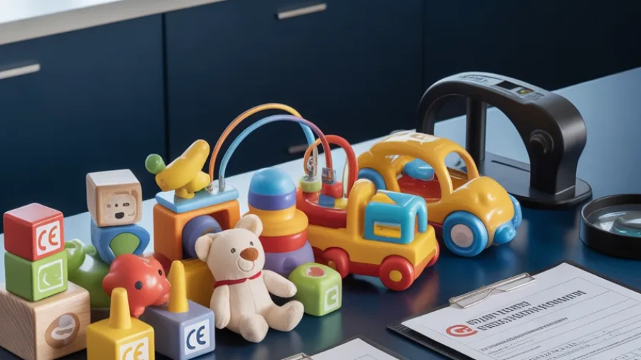 Children’s toys on a desk beside EN 71 and GPSR compliance documents